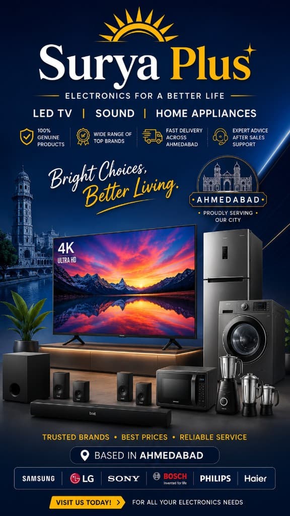 Surya Plus — Electronics for a better life. LED TV, Sound, Home Appliances. Based in Ahmedabad.